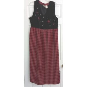 Bobbie Brooks Dress Women's Size XL Christmas Black Red Plaid Berries Snowflakes